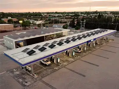 Estación de carga solar para vehículos con paneles fotovoltaicos sobre el techo al atardecer