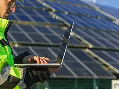 Técnico revisando instalación de paneles solares con notebook en mano