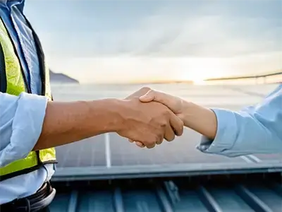 Apretón de manos entre profesionales frente a instalación de energía solar al atardecer