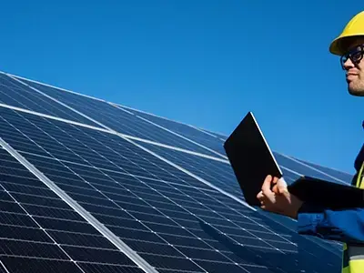Ingeniero con casco inspeccionando paneles solares con notebook en campo abierto